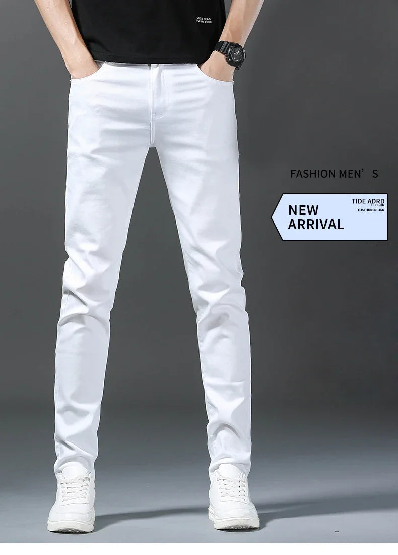 2024 New Spring Summer Men's Fashionable Solid Color Jeans Straight Stretch Stretch Slim Fit Classic Denim Trousers Male