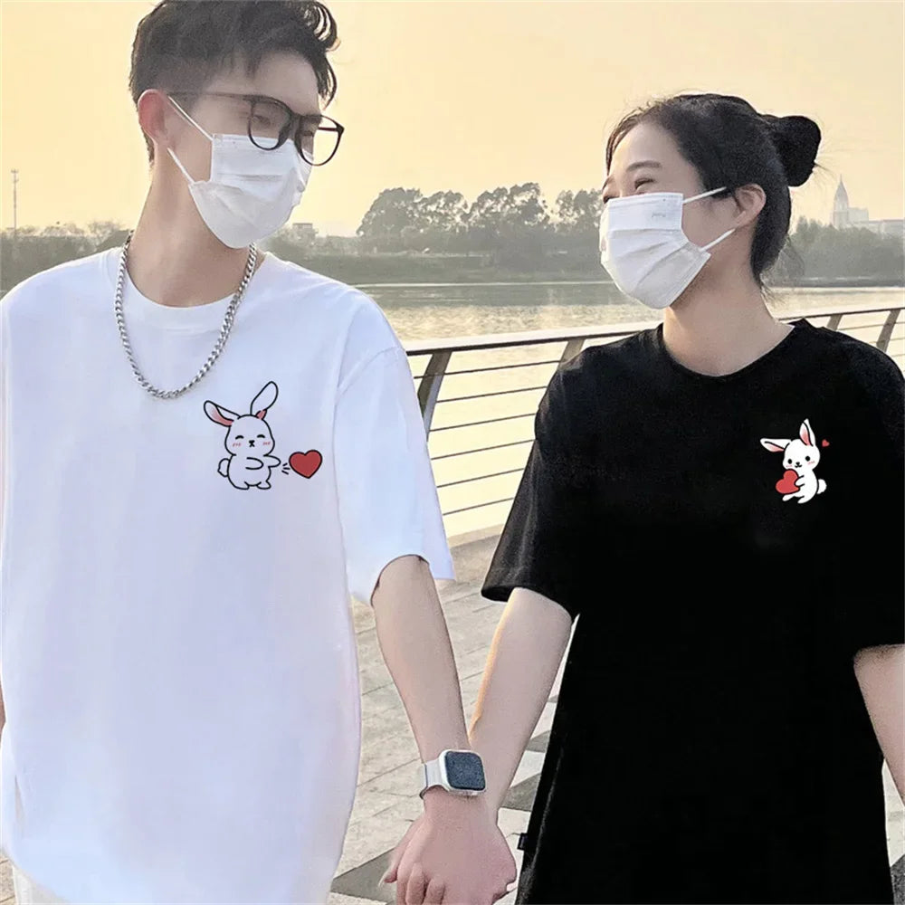 Summer Fashion Cartoon Love Rabbit Couple T-Shirt for Boyfriend Top Quality Cotton Men Women Short Sleeve Tshirt