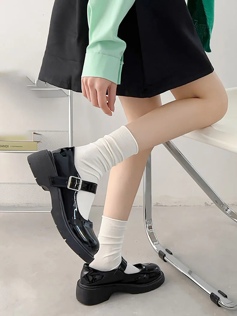 INS Women Girls Summer Thin Long Socks Ice Velvet Soft Breathable Pile of Socks Solid Black White Beige Harajuku High Tube Socks