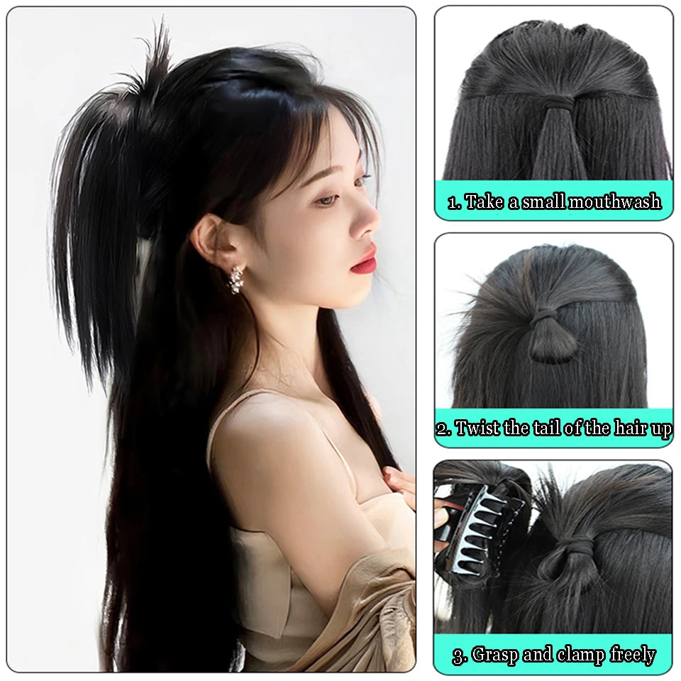 AOSI Synthetic Ponytail Wig Female Long Hair Waterfall Half Stuck High Horsetail Heightened Cranial Top Grasping Clip Wig