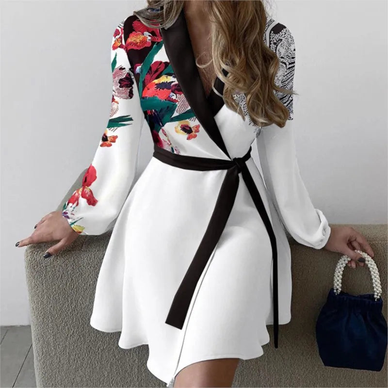 Women Summer Style One-piece Color Blocked Lace Up Dress With V-neck Long Sleeved High Waisted Lace Up Retro Floral Short Skirt