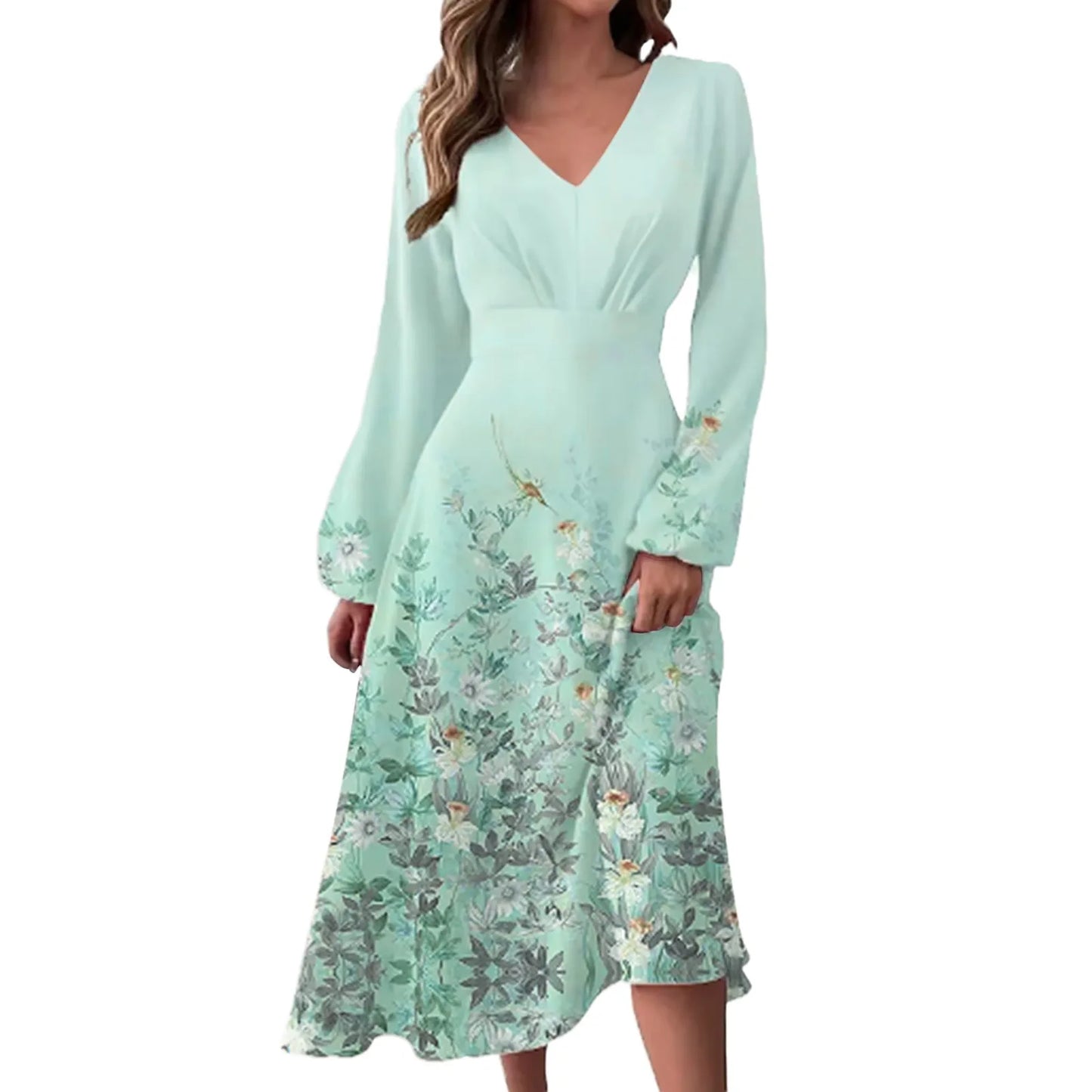 Women Print Dress Long Sleeve V Neck Casual Elegant Retro Fashion Slim Casual Ladies Spring Autumn Dresses Vestidos Clothing
