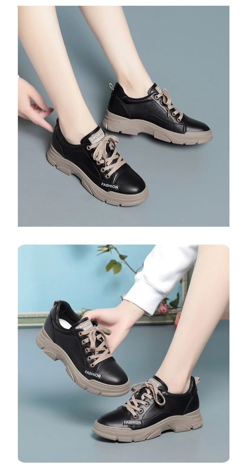 2024 Spring Non-slip Soft Leather Sneaker Trekking Footwear New Women's Thick-soled Lace-up Leisure Skateboard Sports Shoes