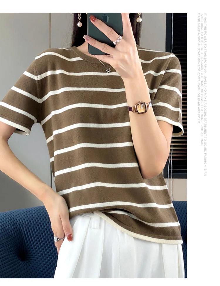 RONGYI Spring And Summer 100% Cotton Women's O-Neck Pullover Short Sleeve T-Shirt Striped Knitting Fashion Casual Spacious Top