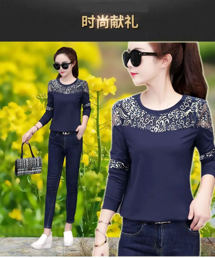 O-Neck Dark Blue Pure Cotton Long Sleeve Hollow Out Top Tee Gold Stripe Pattern Street Leisure Style White Plaid T-Shirts Ladies