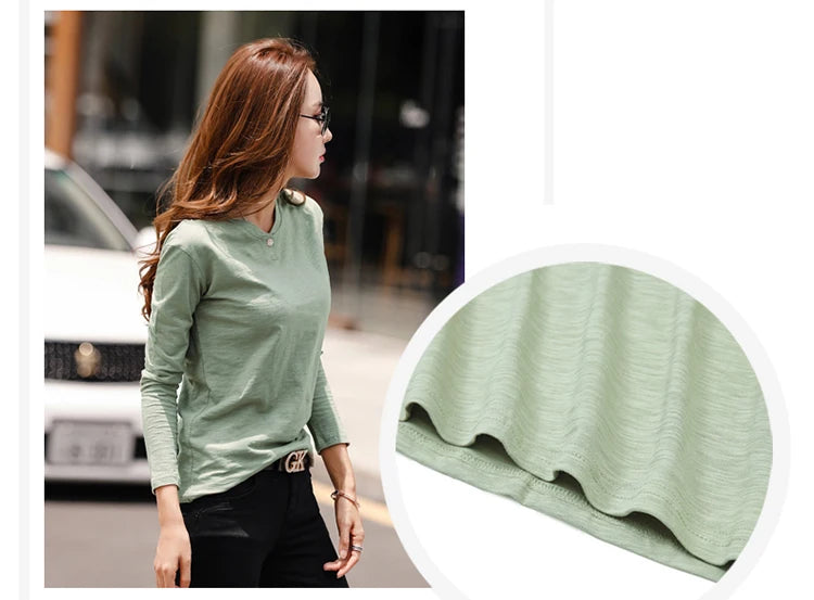 2024 Long Sleeve Spring Women Slub Cotton T Shirts Female Button Green V-Neck Solid Color T-shirt Coffee Korean Soft Loose Tops