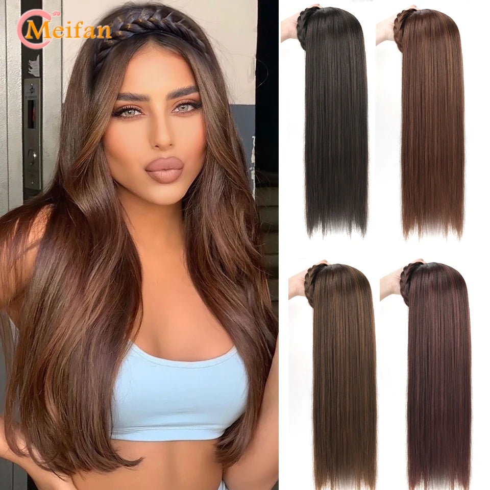MEIFAN Long Wavy Curly U-shaped With HairBand Synthetic Natural Fake Hairpiece Black Brown Fluffy Half Wig Extension for Women