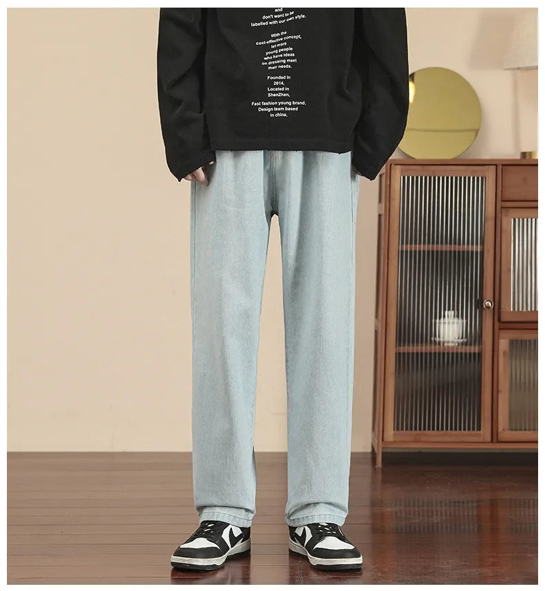 New Korean Fashion Men's Casual Ankle-Length Jeans Classic Man Straight Denim Wide-leg Pants Light Blue Grey Black 3XL