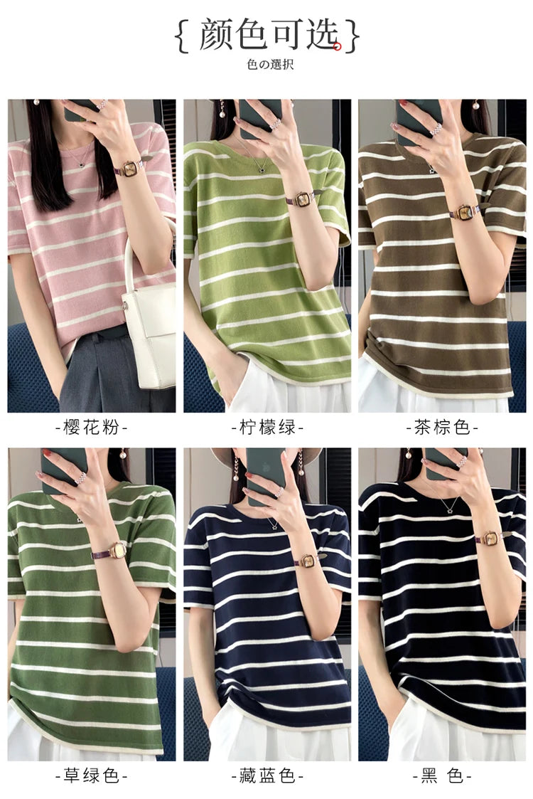 RONGYI Spring And Summer 100% Cotton Women's O-Neck Pullover Short Sleeve T-Shirt Striped Knitting Fashion Casual Spacious Top