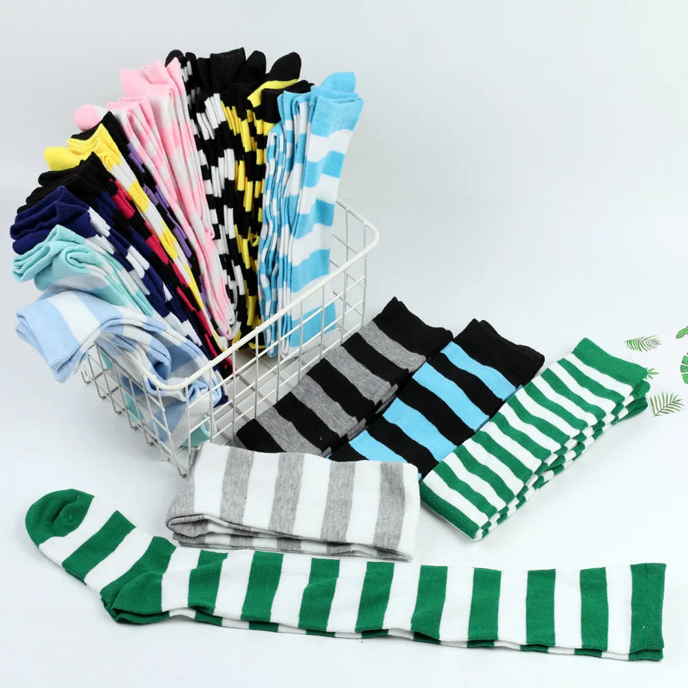Color Striped Stockings Japanese Over Knee Socks Fashion Women Keep Warm Soks Sexy Slim Long Soks Black White Striped Hosiery
