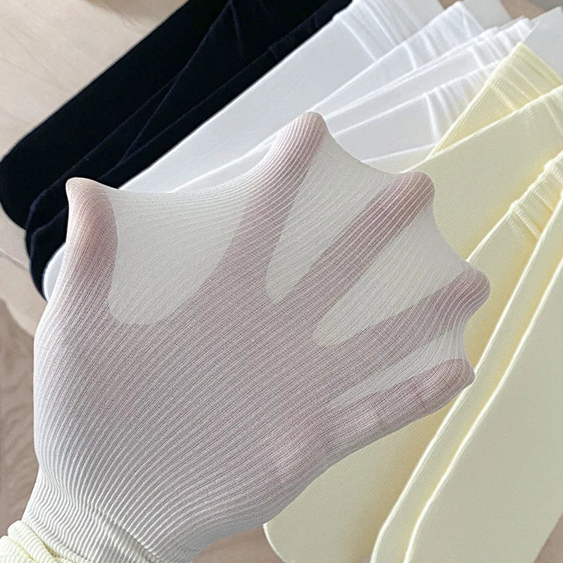 INS Women Girls Summer Thin Long Socks Ice Velvet Soft Breathable Pile of Socks Solid Black White Beige Harajuku High Tube Socks