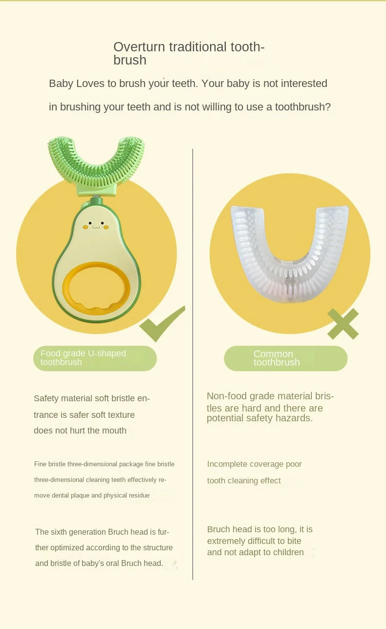 Children 360 Degree U-shaped Toothbrush  Boy Girl Silicone Teeth Child Oral Care Tools Kids Avocado Teeth Care Cleaning Teether