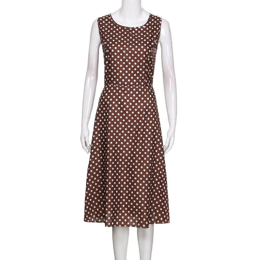 Vintage Dress Sleeveless O-neck Vestidos Women Elegant Thin Dot Printing Mid-Calf Casual Dress Female 2023 Summer New