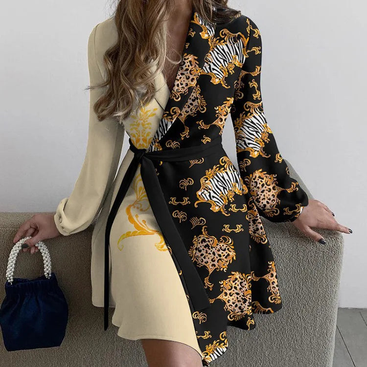 Women Summer Style One-piece Color Blocked Lace Up Dress With V-neck Long Sleeved High Waisted Lace Up Retro Floral Short Skirt