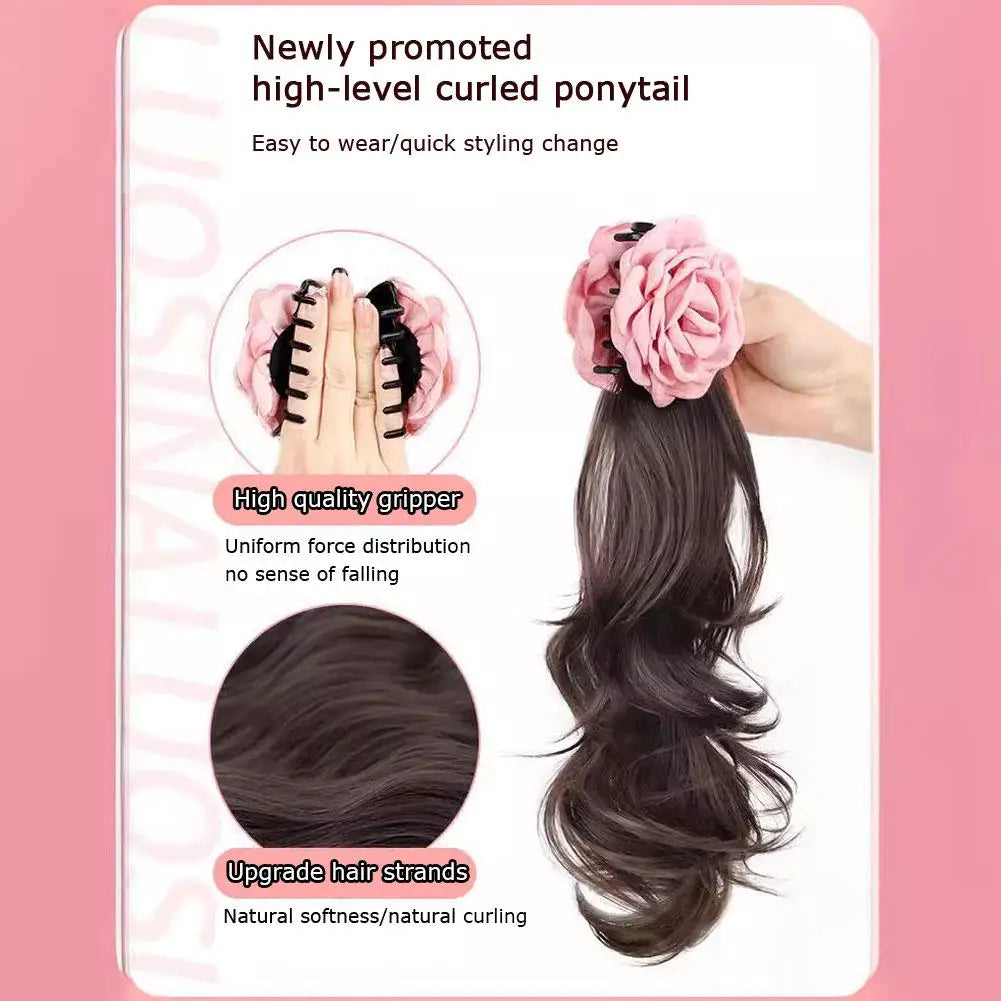 A Ponytail Wig For Women With Rose Hair Clips And High-temperature Silk Long Hair With Large Wave Ties And Ponytail Braids