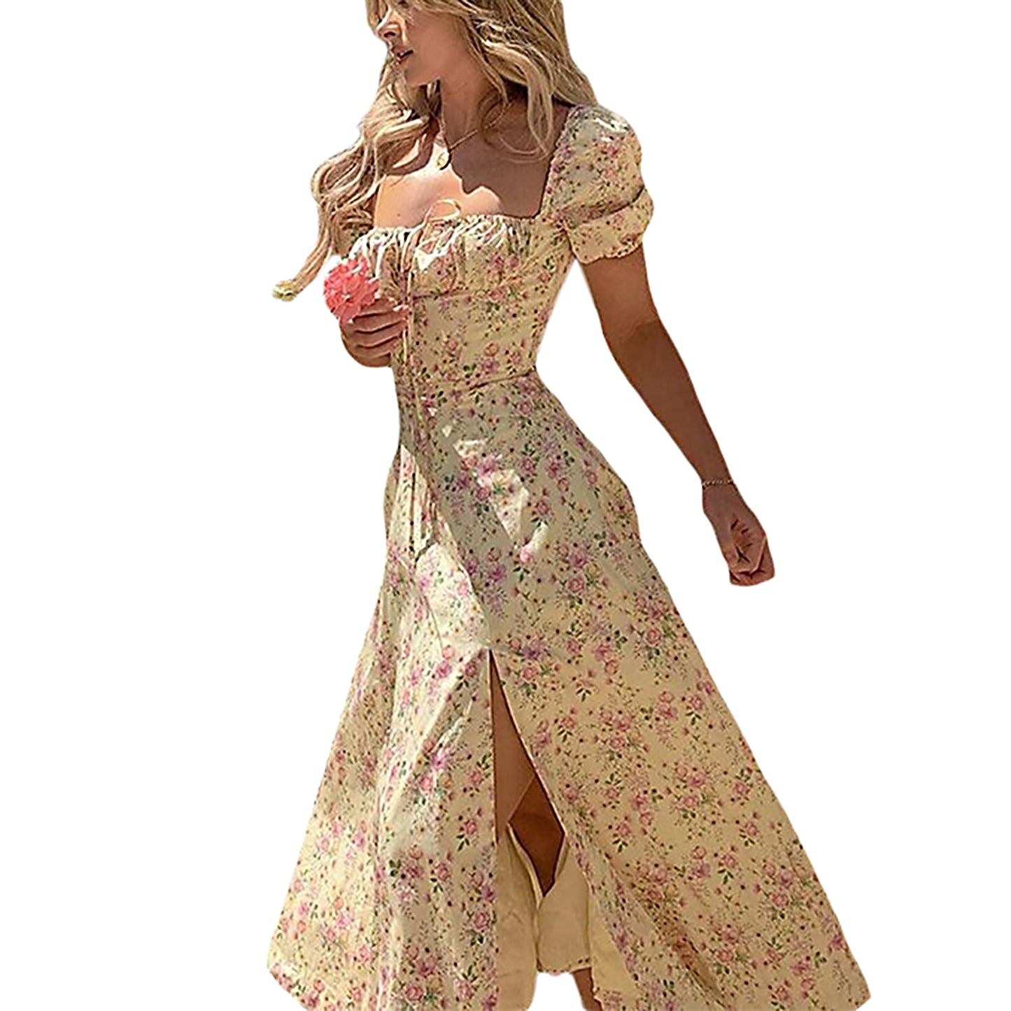 Women's Y2k Retro Bodycon Long Dress Summer Bohemian Floral Print Puff Sleeve Square Collar Tie-up High Split Dress Streetwear