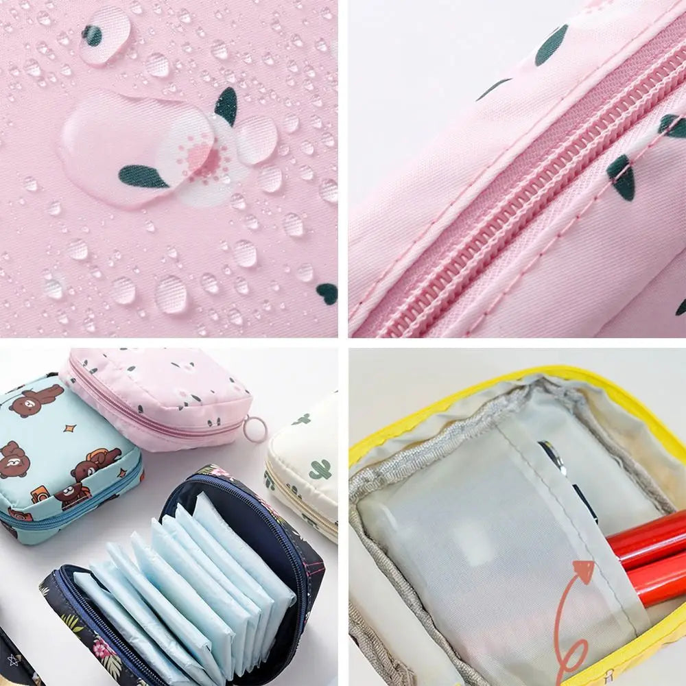 Tamper-Proof Sanitary Pad Tissue Bags Cartoon Change Coin Clip Towel Napkin Credit Card Holder Makeup Organizer Headphone Case