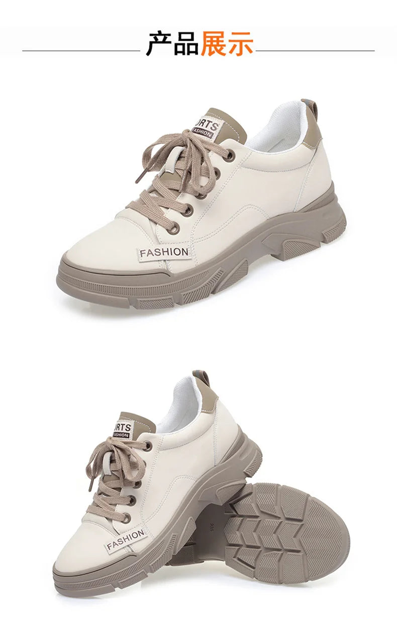 2024 Spring Non-slip Soft Leather Sneaker Trekking Footwear New Women's Thick-soled Lace-up Leisure Skateboard Sports Shoes