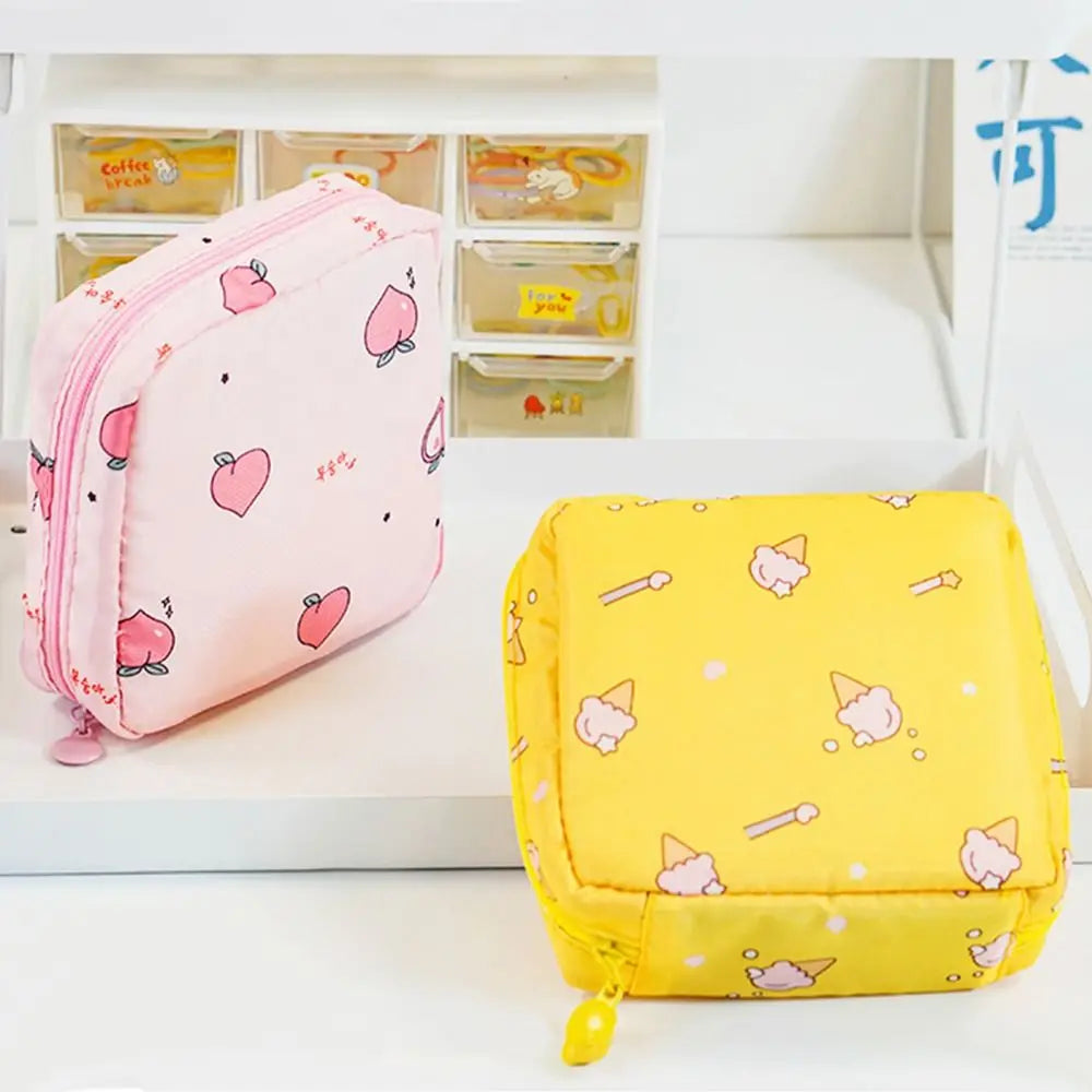 Tamper-Proof Sanitary Pad Tissue Bags Cartoon Change Coin Clip Towel Napkin Credit Card Holder Makeup Organizer Headphone Case