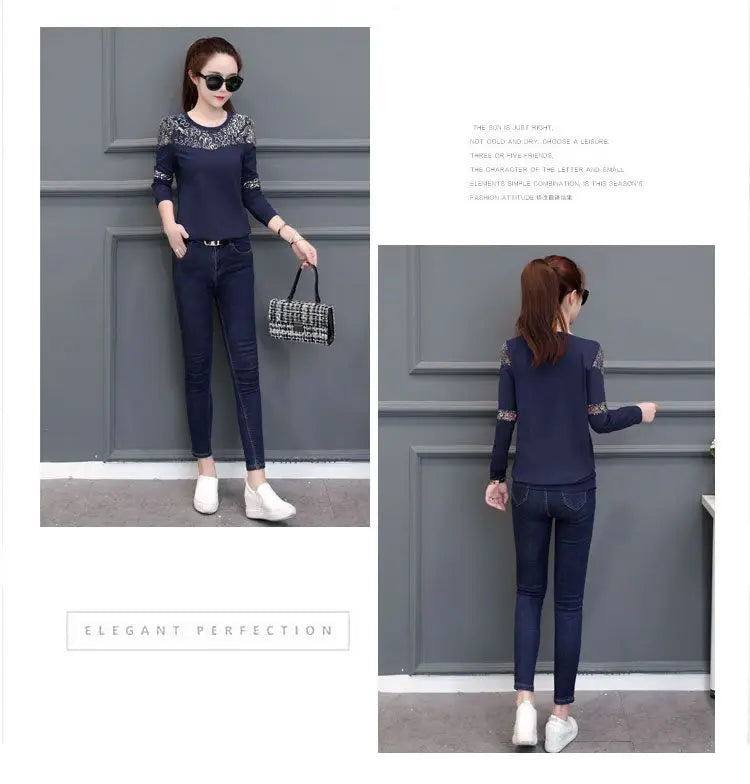 O-Neck Dark Blue Pure Cotton Long Sleeve Hollow Out Top Tee Gold Stripe Pattern Street Leisure Style White Plaid T-Shirts Ladies