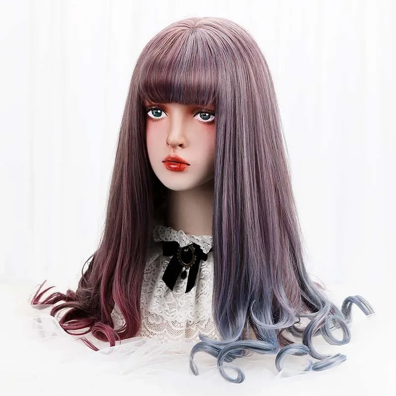 28''Synthetic Long Wavy Lolita Wigs With Bangs Purple Blue Ombre Custom Party Cosplay Wigs For Black/White Women Heat Resistant