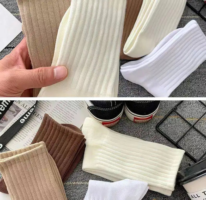Women Classic Solid Color Striped Cotton Loose Socks Korean Fashion Japanese Style Simple Basic Socks Lady All Match Brown Sock