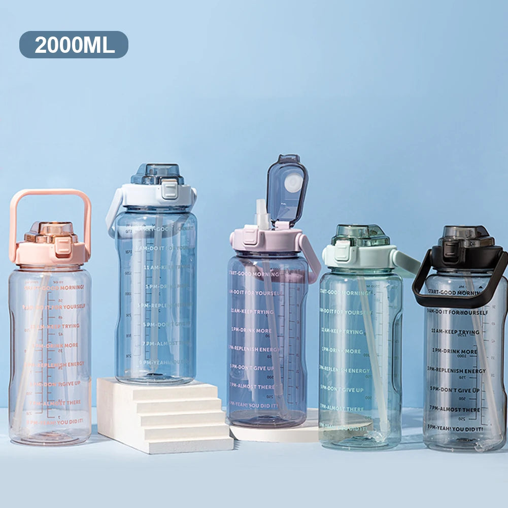 2 Liter Water Bottle With Time Marker Large Capacity Drinking Bottles Girls Portable Outdoor Fitness Sports Bottle With Straw