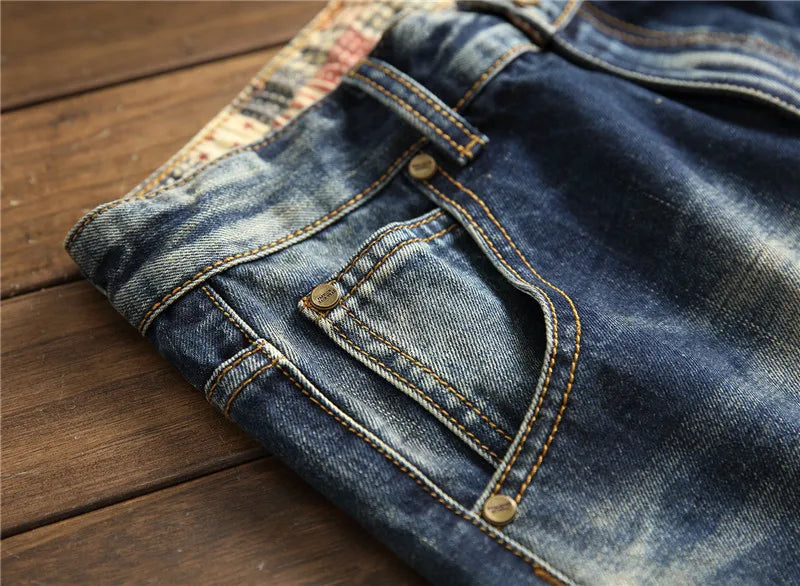 Denim Jeans Straight Scratches Fashion Men's Pants Luxury Vintag Hole Ruined Long Broken Fashion Regular Fit Large Size
