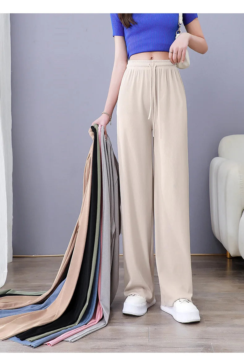 High Waist Women's Pants Ice Silk Woman Clothing Thin Youthful Woman Clothes Casual Korean Reviews Many Clothes Slim Loose Pants