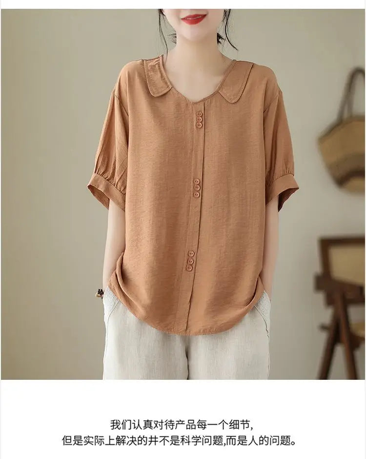 Women Summer Simplicity Loose Large Size Elegant Cotton and Linen Short Sleeve T-Shirt Women Clothes Casual Appear Thin Top Tee