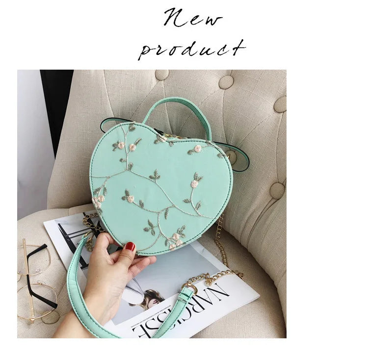 Female Sweet Lace Heart Round Handbags High Quality PU Leather Cross Body Bags for Women Small Fresh Flower Chain Shoulder Bags