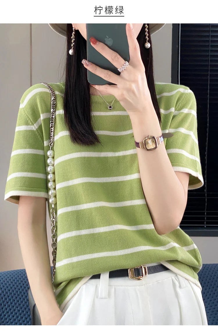 RONGYI Spring And Summer 100% Cotton Women's O-Neck Pullover Short Sleeve T-Shirt Striped Knitting Fashion Casual Spacious Top