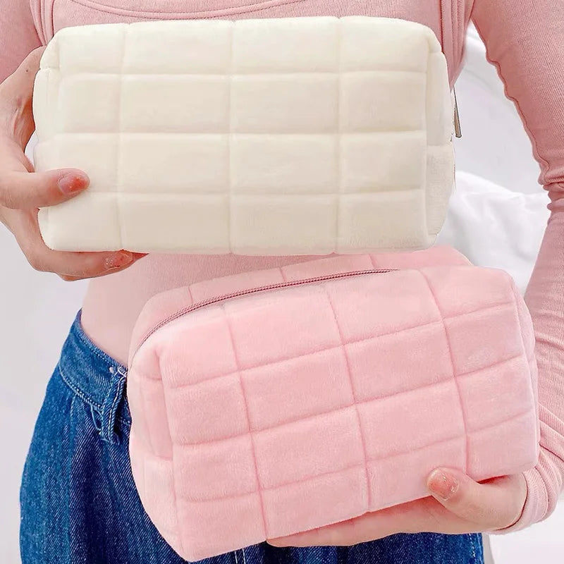 Women Zipper Fur Cosmetic Storage Bag Large Solid Makeup Organizer Handbag Stationery Pencil Case Travel Make Up Toiletry Punch