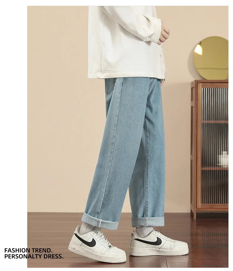 New Korean Fashion Men's Casual Ankle-Length Jeans Classic Man Straight Denim Wide-leg Pants Light Blue Grey Black 3XL