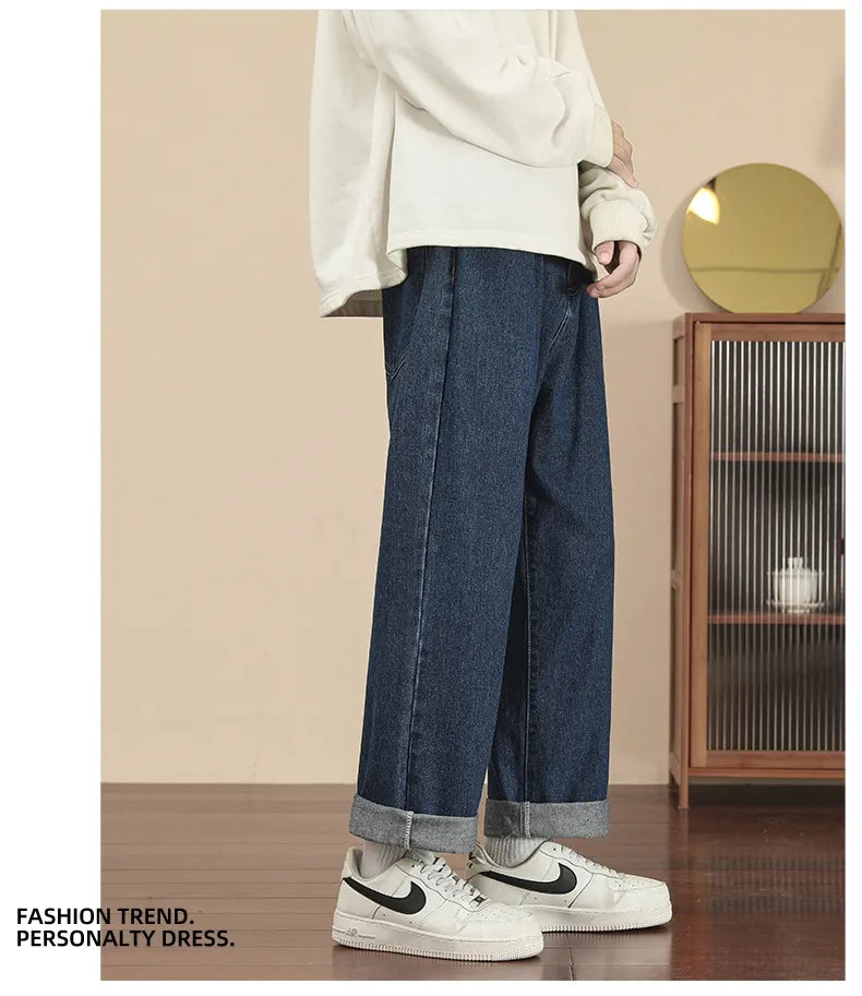 New Korean Fashion Men's Casual Ankle-Length Jeans Classic Man Straight Denim Wide-leg Pants Light Blue Grey Black 3XL