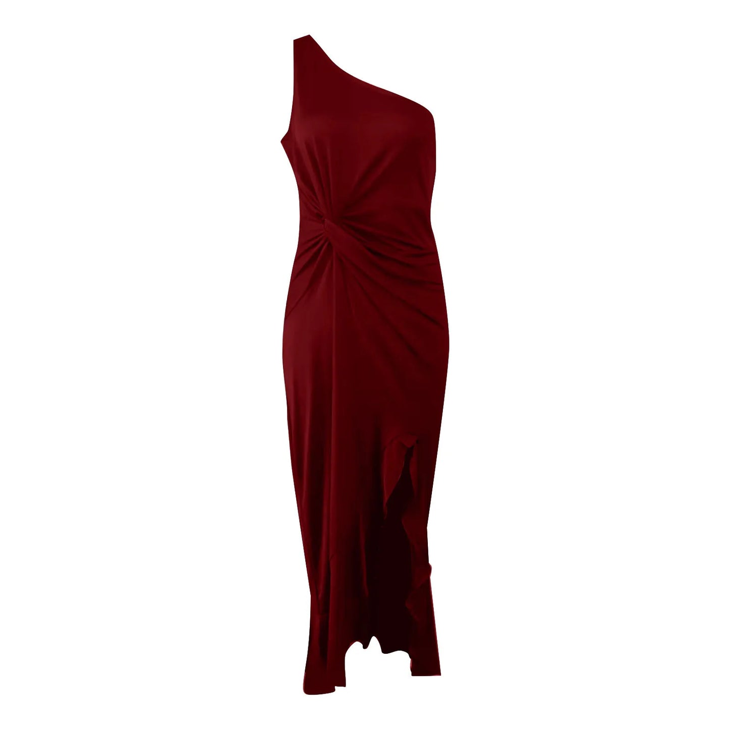 Women's One Shoulder Ruched Irregular Ruffle Solid Color High Waist Elegant Formal Evening Dress Slim Wedding Party Dresses