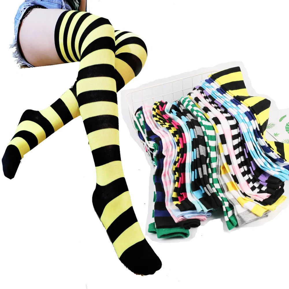 Color Striped Stockings Japanese Over Knee Socks Fashion Women Keep Warm Soks Sexy Slim Long Soks Black White Striped Hosiery