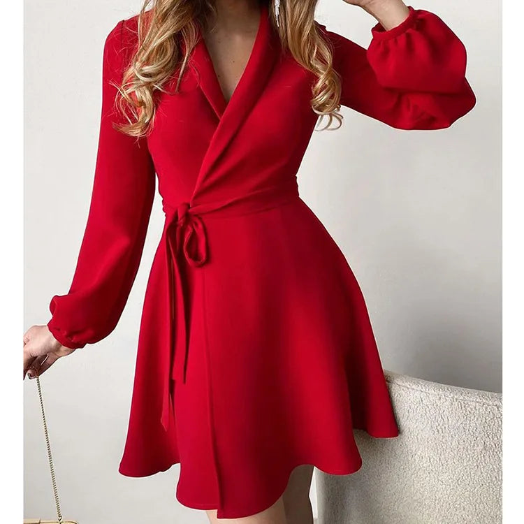 Women Summer Style One-piece Color Blocked Lace Up Dress With V-neck Long Sleeved High Waisted Lace Up Retro Floral Short Skirt