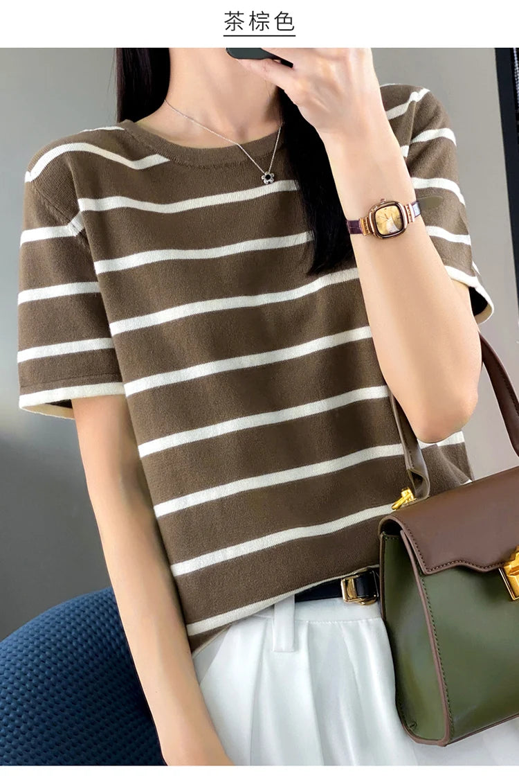 RONGYI Spring And Summer 100% Cotton Women's O-Neck Pullover Short Sleeve T-Shirt Striped Knitting Fashion Casual Spacious Top