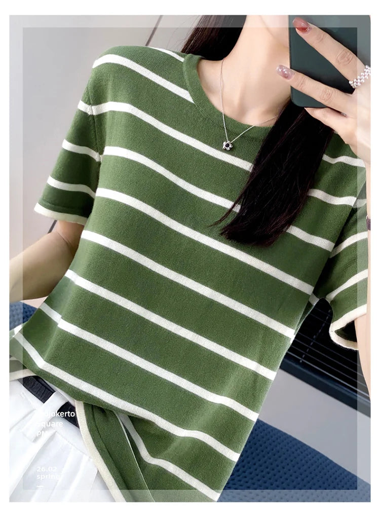 RONGYI Spring And Summer 100% Cotton Women's O-Neck Pullover Short Sleeve T-Shirt Striped Knitting Fashion Casual Spacious Top