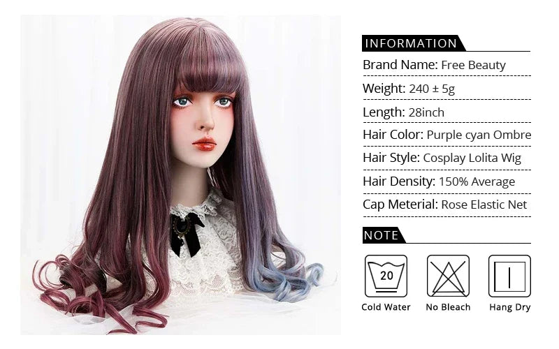 28''Synthetic Long Wavy Lolita Wigs With Bangs Purple Blue Ombre Custom Party Cosplay Wigs For Black/White Women Heat Resistant